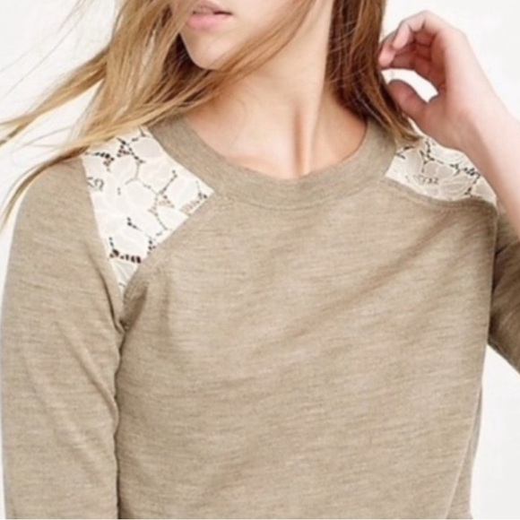 J. Crew Tippi Sweater Lace Shoulder 100% Merino Wool Size S Light Brown - Picture 1 of 11
